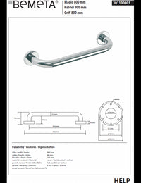HELP 800 Maniglione per doccia in acciaio inox 88x8x10,6 cm