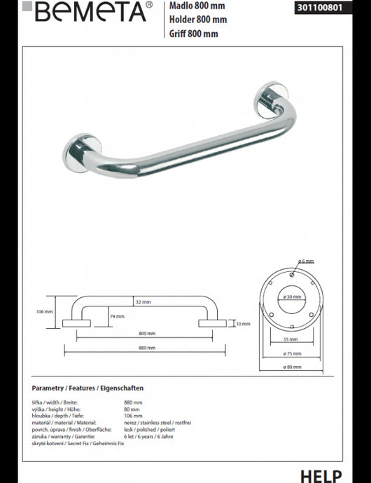 HELP 800 Maniglione per doccia in acciaio inox 88x8x10,6 cm