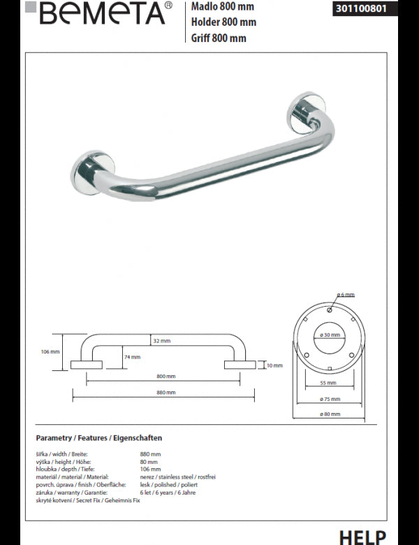 HELP 800 Maniglione per doccia in acciaio inox 88x8x10,6 cm