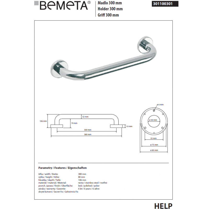 HELP 300 Maniglione per doccia in acciaio inox 38x8x10,6 cm