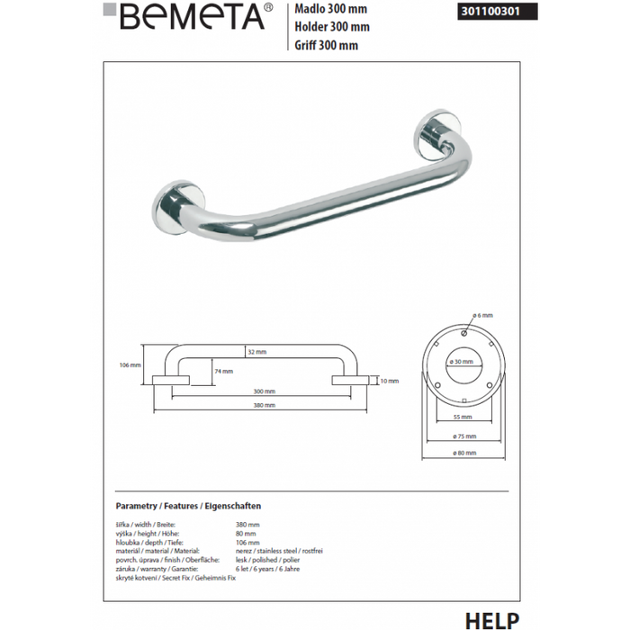 HELP 300 Maniglione per doccia in acciaio inox 38x8x10,6 cm