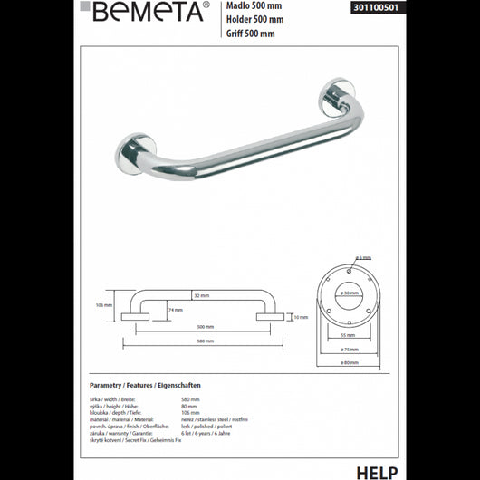 HELP 500 Maniglione per doccia in acciaio inox 58x8x10,6 cm