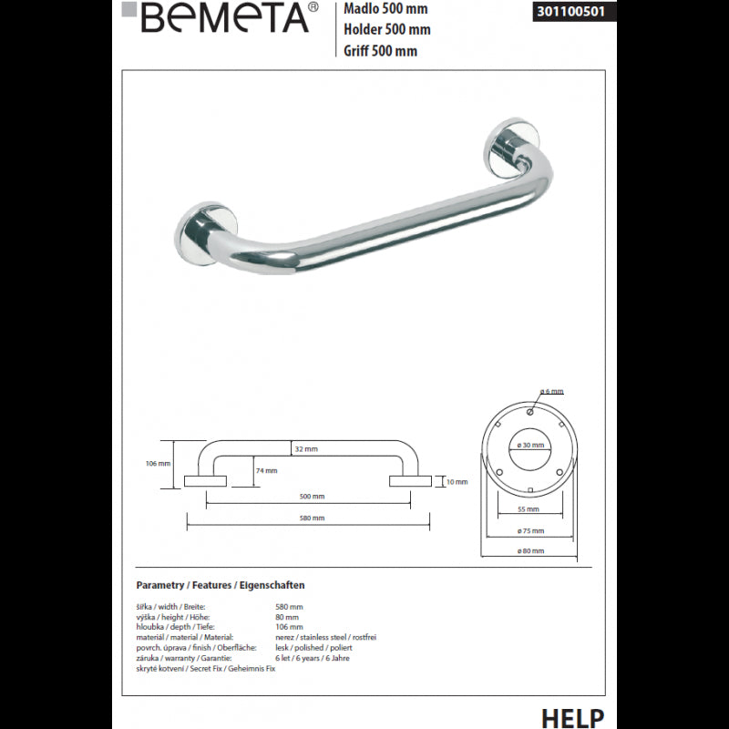 HELP 500 Maniglione per doccia in acciaio inox 58x8x10,6 cm