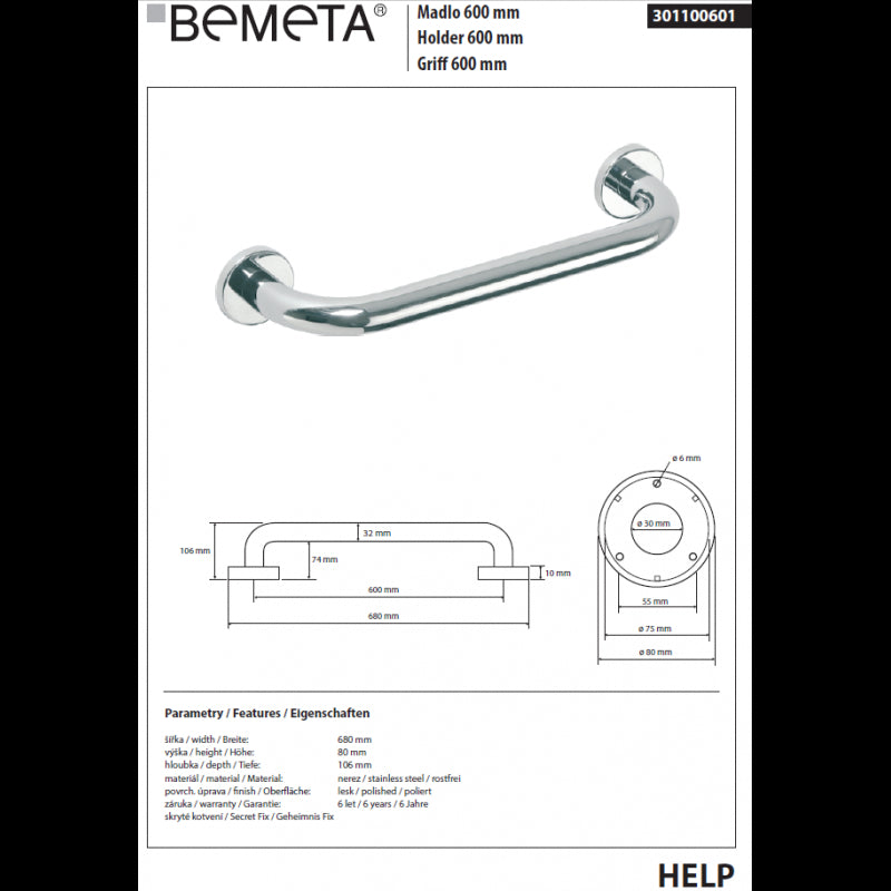 HELP 600 Maniglione per doccia in acciaio inox 68x8x10,6 cm