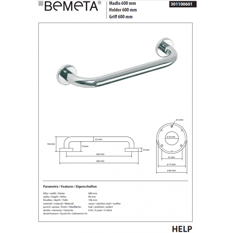 HELP 600 Maniglione per doccia in acciaio inox 68x8x10,6 cm