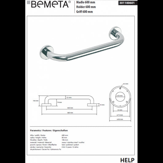 HELP 600 Maniglione per doccia in acciaio inox 68x8x10,6 cm