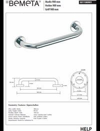 HELP 900 Maniglione per doccia in acciaio inox 98x8x10,6 cm