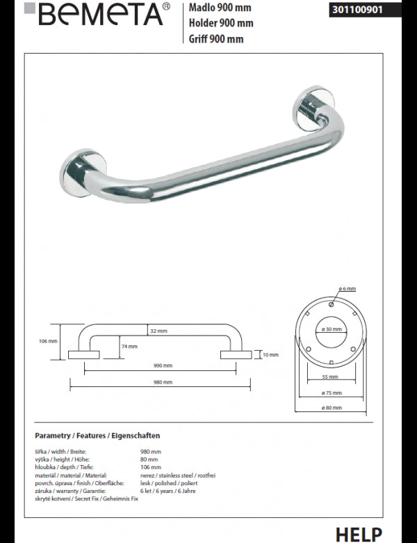 HELP 900 Maniglione per doccia in acciaio inox 98x8x10,6 cm