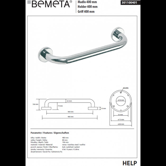 HELP 400 Maniglione per doccia in acciaio inox 48x8x10,6 cm