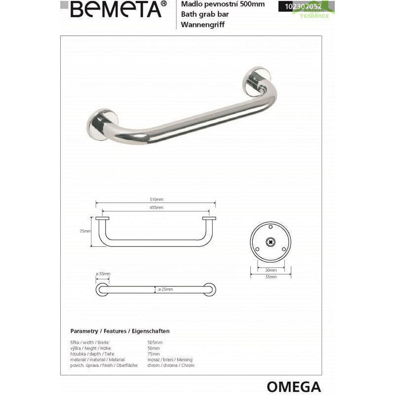 Maniglione doccia OMEGA ottone cromato 50,5x5x7,5cm