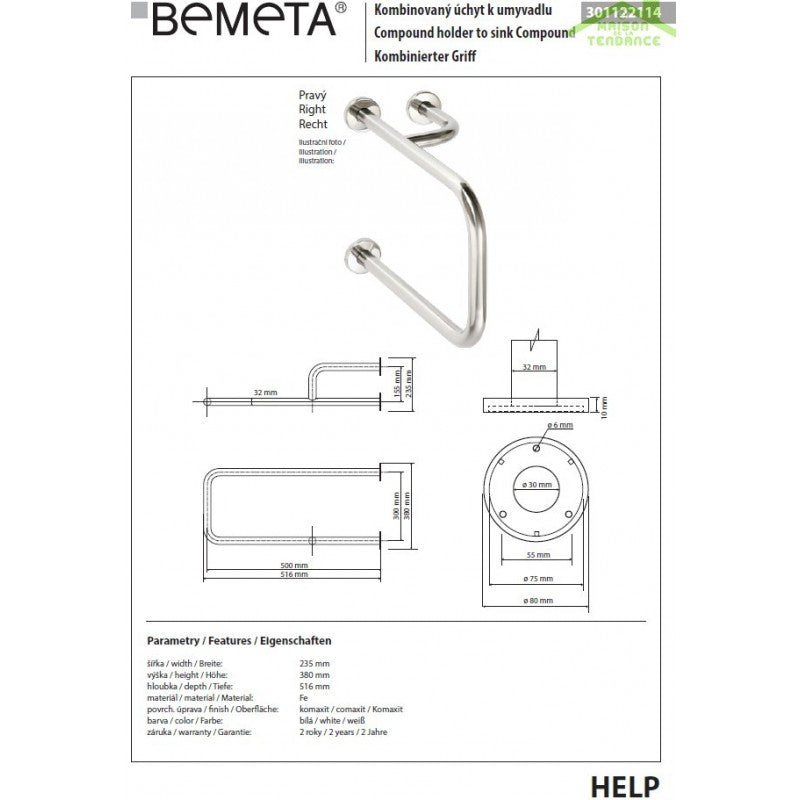 Maniglione + portasciugamani con rinforzo dritto HELP bianco 51,6 cm