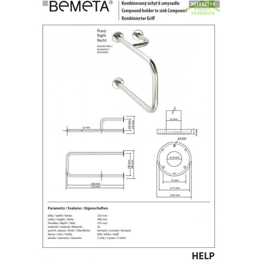Maniglione + portasciugamani con rinforzo dritto HELP bianco 51,6 cm