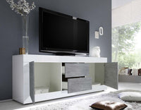 Madia bassa, con 2 ante e 2 cassetti  Bianca Lucida e Cemento, ZLCBSC-MDM-BC222