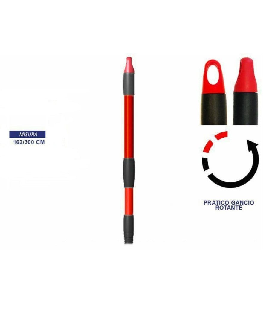 Bastone Manico Telescopico Allungabile Rosso 162-300cm Con Gancio Rotante Scopa         