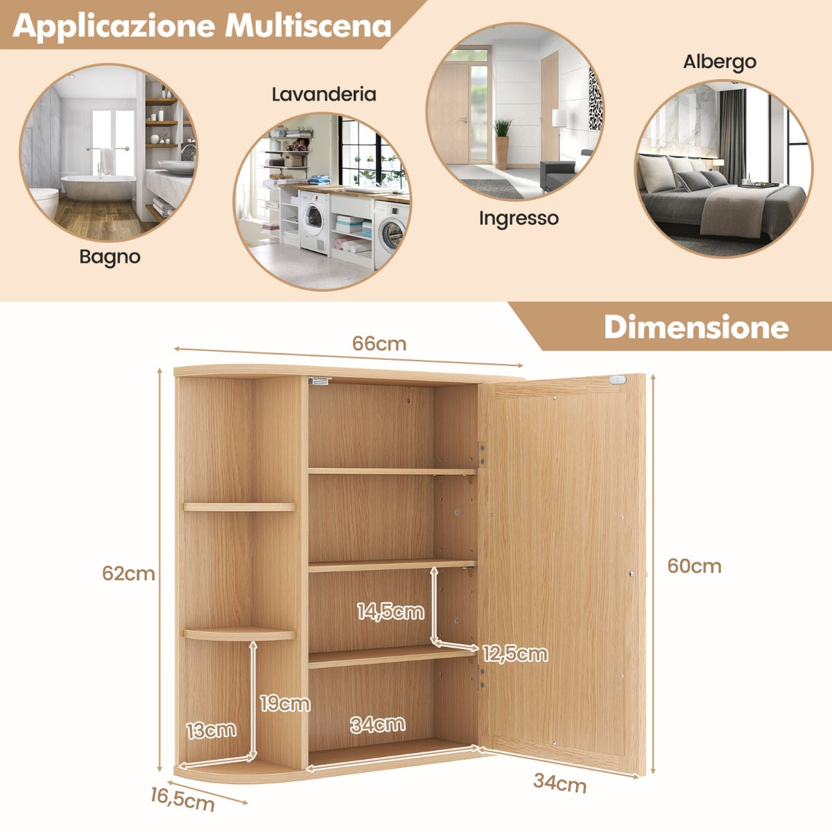 Armadietto del bagno con specchio e mensole regolabili al muro-Armadietto di legno per bagno e salone Legno naturale