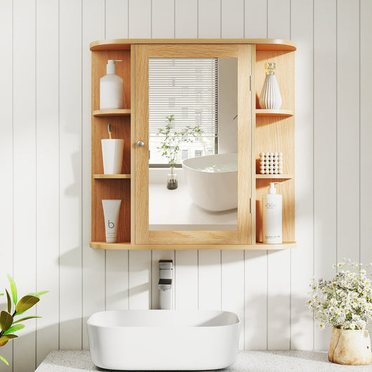 Armadietto del bagno con specchio e mensole regolabili al muro-Armadietto di legno per bagno e salone Legno naturale