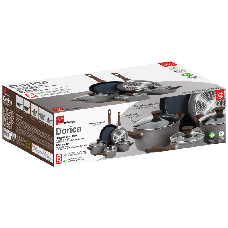 Batteria 8pz Dorica Allungabile Forg-induzione- Manico Effetto Legno Soft Touch