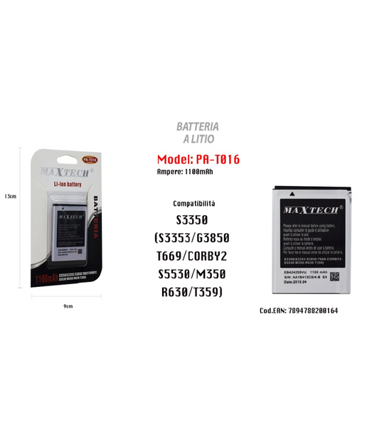 Batteria A Litio 1100mah Per Samsung S3350 Ricambio Smartphone Maxtech Pa-t016         