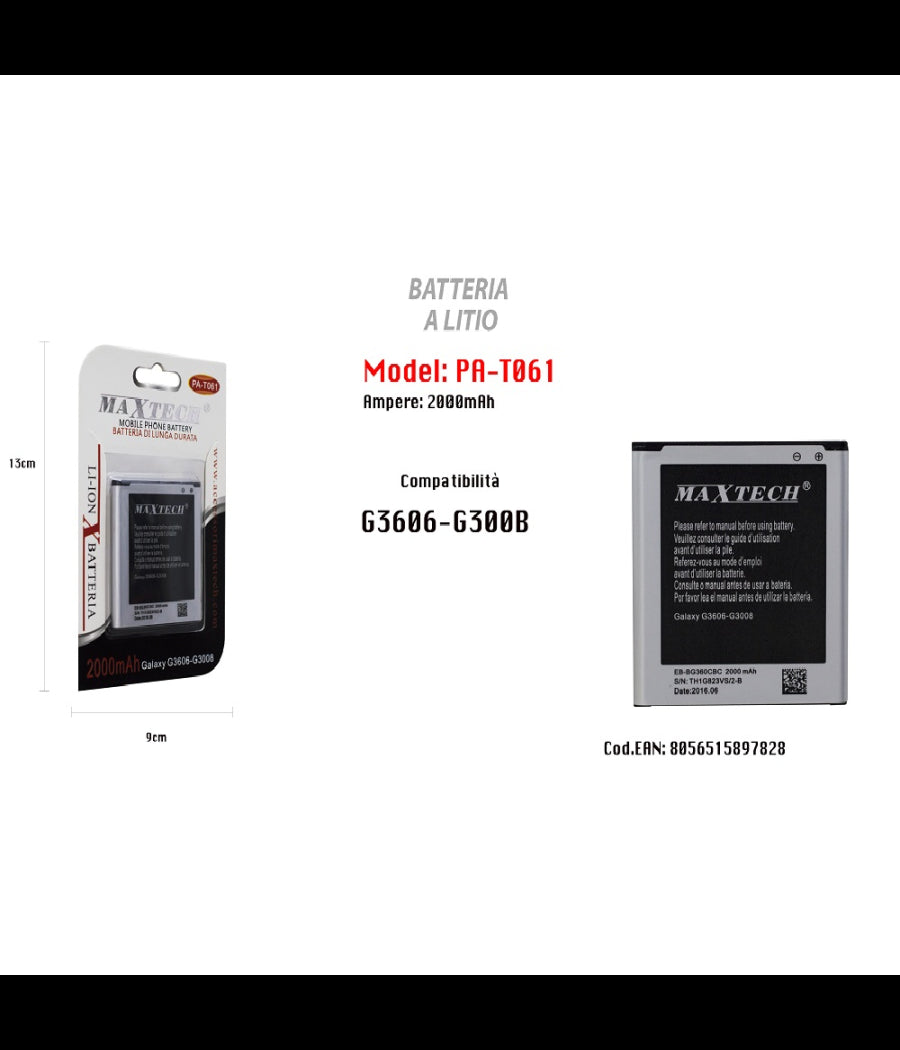 Batteria A Litio 2000mah Per Samsung Galaxy G3606-g3008 Di Ricambio Maxtech Pa-t061         