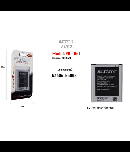 Batteria A Litio 2000mah Per Samsung Galaxy G3606-g3008 Di Ricambio Maxtech Pa-t061         