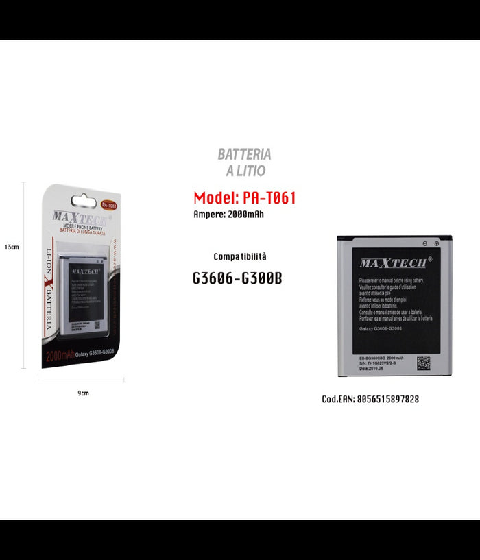Batteria A Litio 2000mah Per Samsung Galaxy G3606-g3008 Di Ricambio Maxtech Pa-t061         