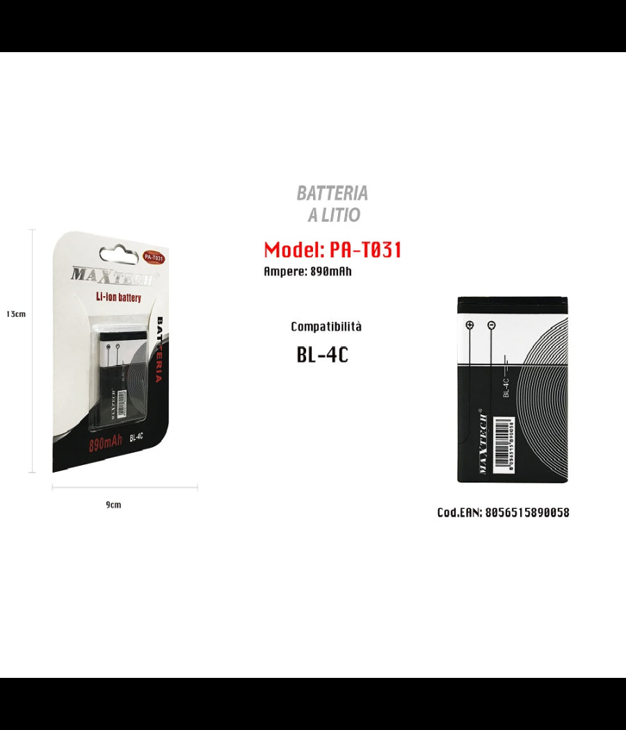Trade Shop - Batteria A Litio Compatibile Con Bl-4c 890 Mah Li-ion Maxtech Pa-t031 -