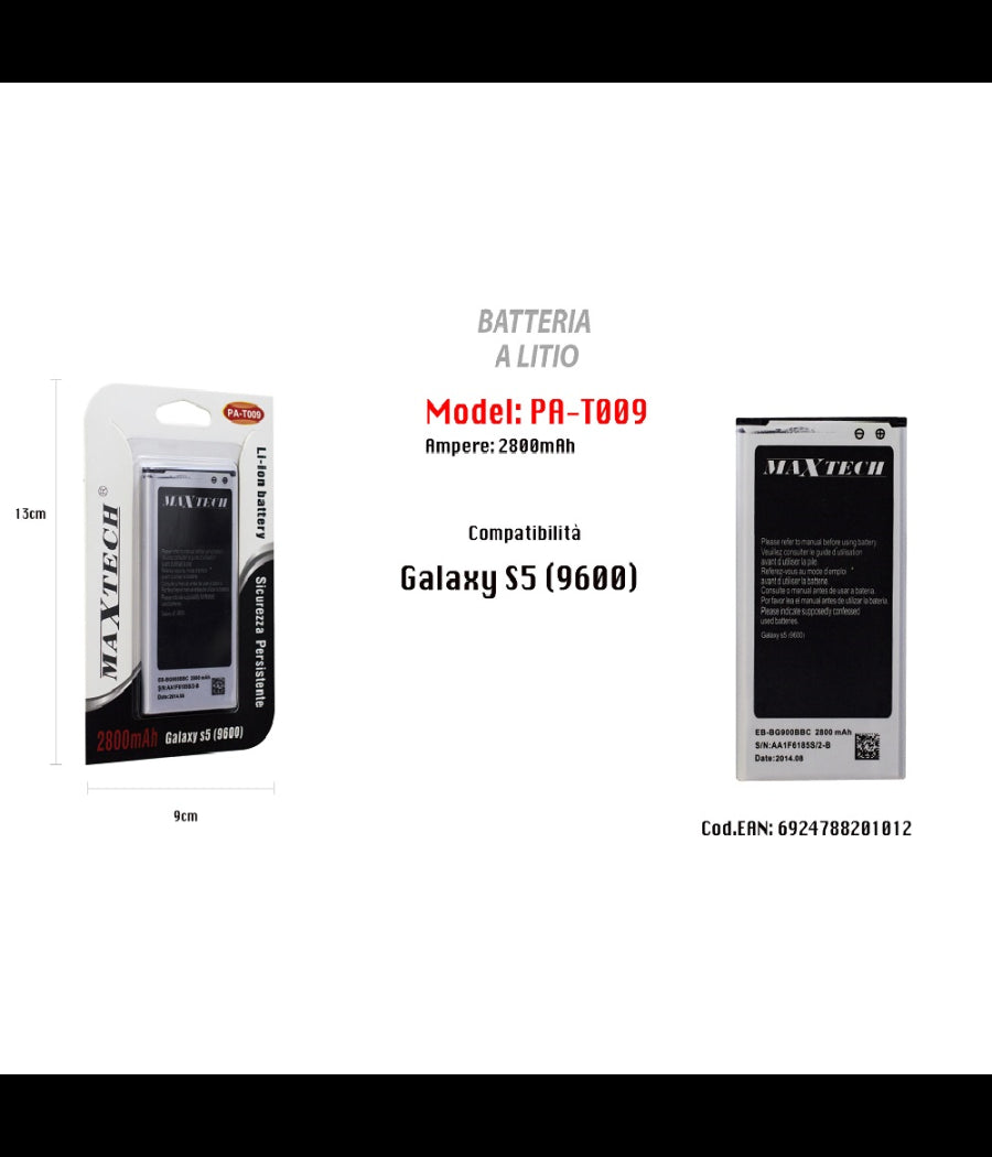 Batteria A Litio Compatibile Galaxy S5 Cellulare Smartphone 2800mah Maxtech Pa-t009         