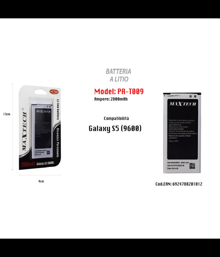 Batteria A Litio Compatibile Galaxy S5 Cellulare Smartphone 2800mah Maxtech Pa-t009         