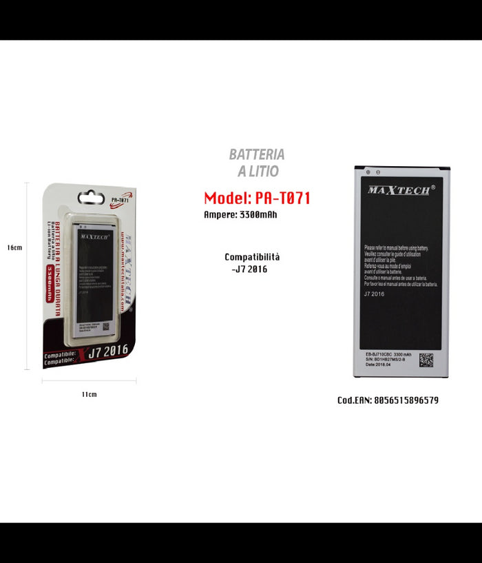 Batteria A Litio Compatibile Per Samsung Galaxy J7 2016 3300mah Maxtech Pa-t071         