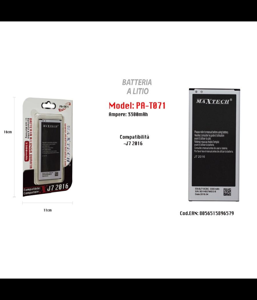Batteria A Litio Compatibile Per Samsung Galaxy J7 2016 3300mah Maxtech Pa-t071         