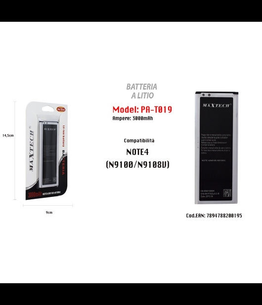 Batteria A Litio Compatibile Per Samsung Galaxy Note 4 3000mah Maxtech Pa-t019         