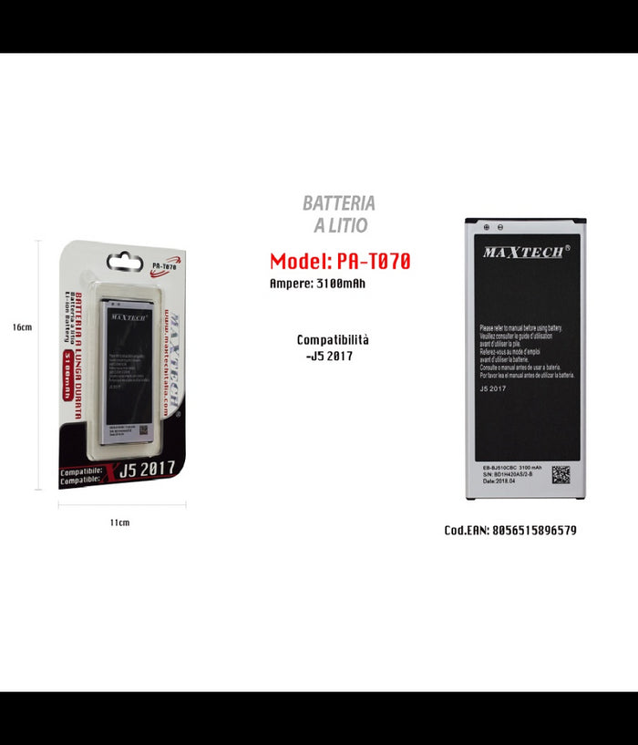 Batteria A Litio Compatibile Per Samsung J5 2017 Maxtech 3100 Mah Pa-t070         