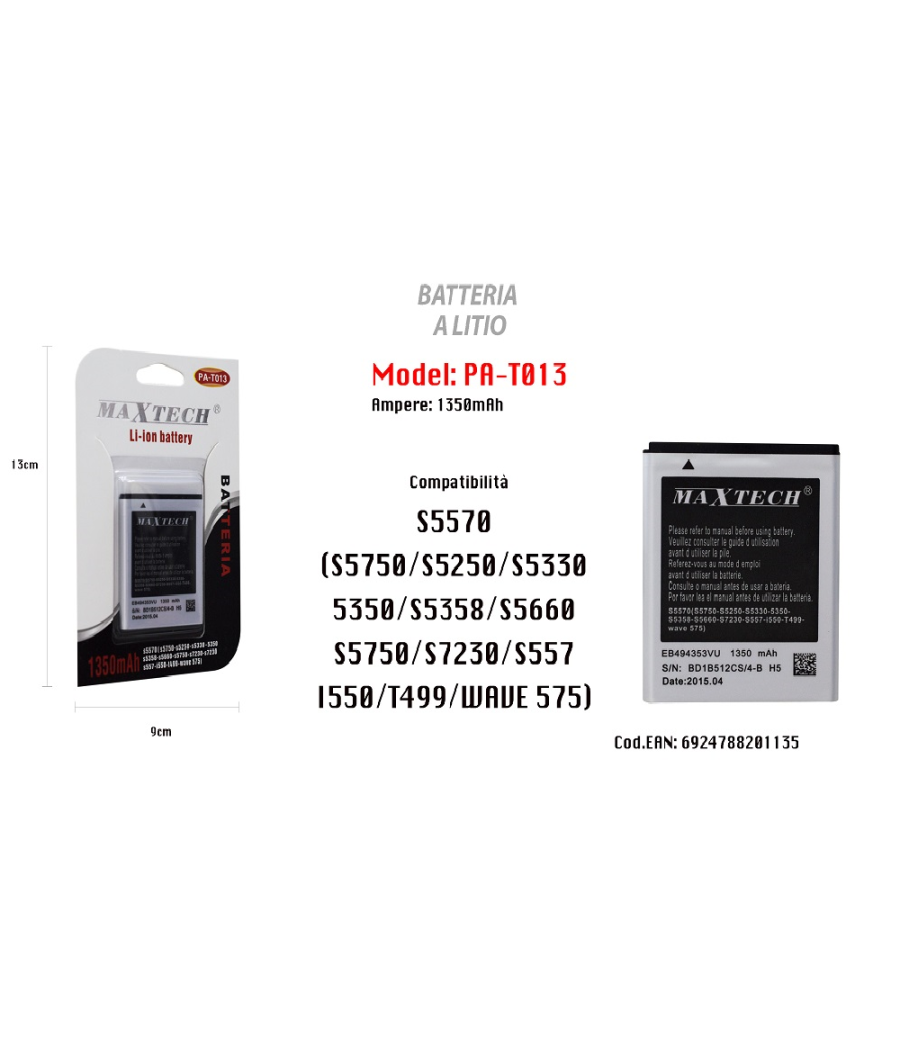 Batteria A Litio Compatibile S5570 Cellulare Smartphone 1350mah Maxtech Pa-t013         