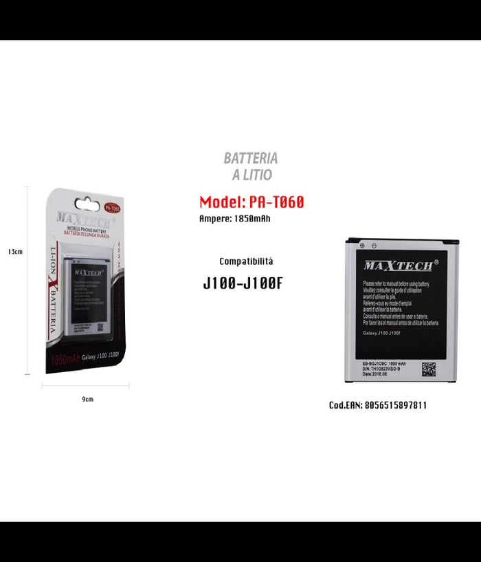 Batteria A Litio Compatibile Samsung Galaxy J100 -j100f 1850 Mah Maxtech Pa-t060         