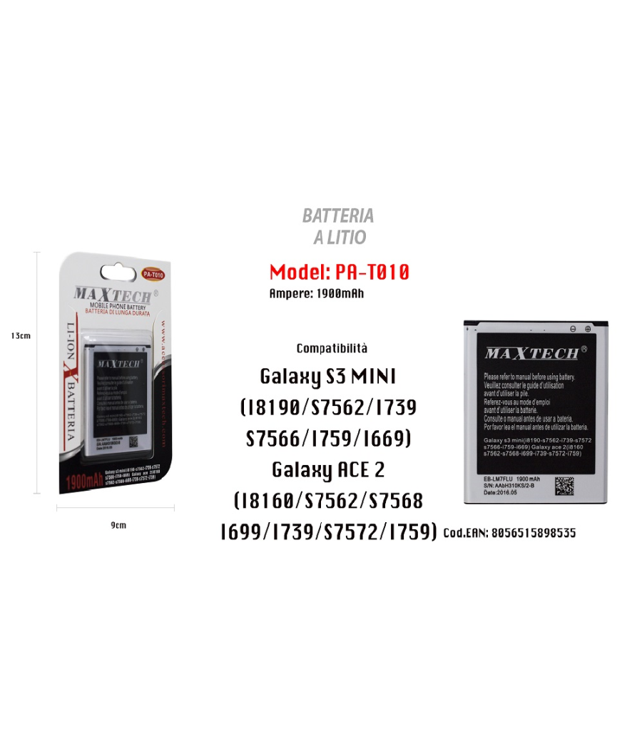 Batteria A Litio Galaxy S3 Mini Ace 2 Ricambio Cellulare Smartphone 1900mah Maxtech Pa-t010         