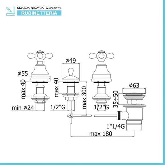 Batteria bidet Paffoni Iris a 3 fori con piletta di scarico inclusa