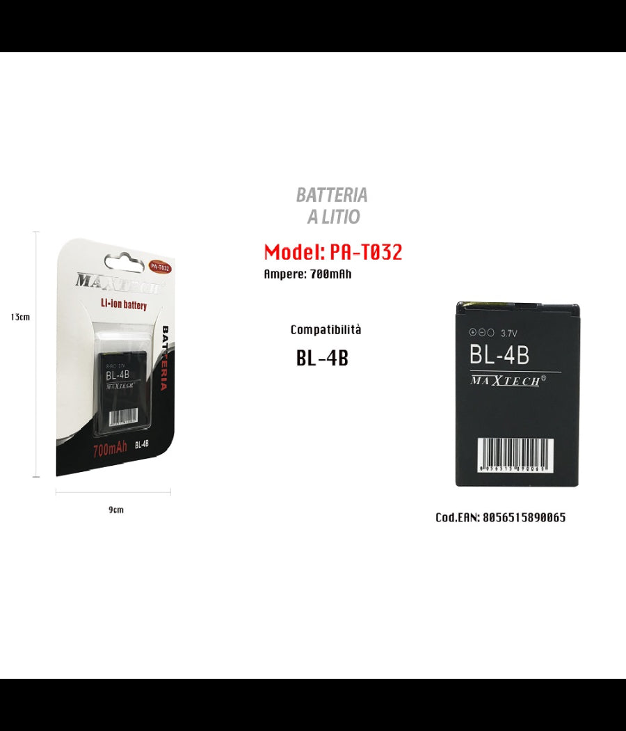Batteria Compatibile Con Bl-4b Litio 700mah 3.7v Batteria Ricaricabile Maxtech Pa-t032         