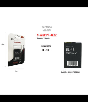 Batteria Compatibile Con Bl-4b Litio 700mah 3.7v Batteria Ricaricabile Maxtech Pa-t032         