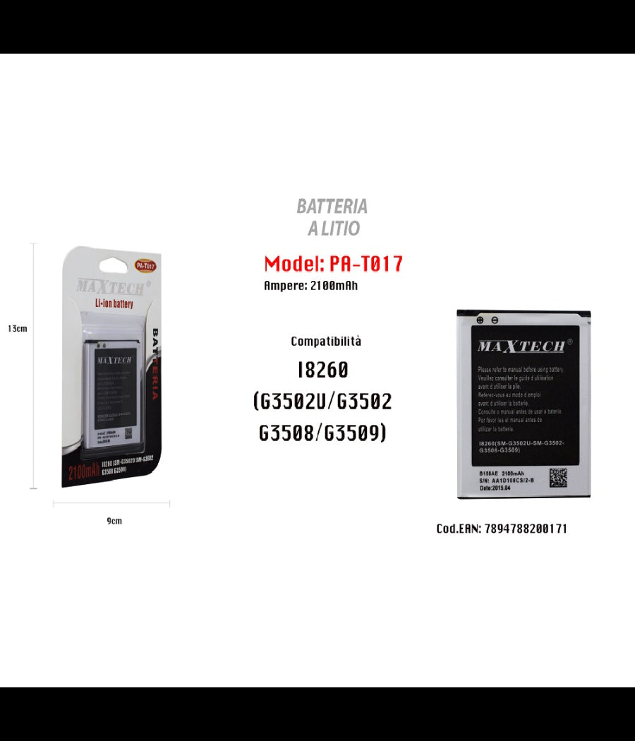 Batteria Compatibile Samsung Galaxy Trend 3 I8260 Maxtech Li-ion Battery 2100mah Pa-t017         