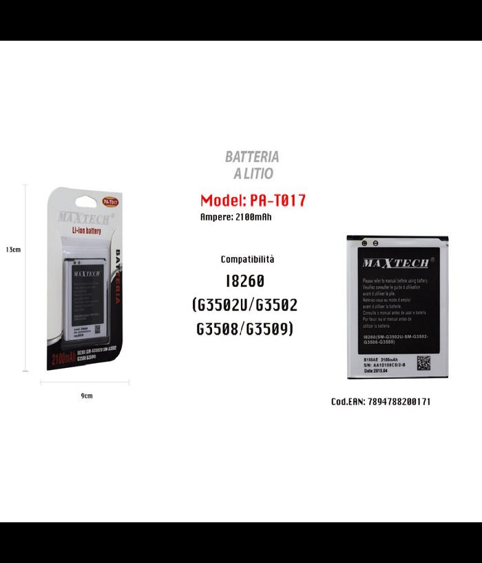Batteria Compatibile Samsung Galaxy Trend 3 I8260 Maxtech Li-ion Battery 2100mah Pa-t017         