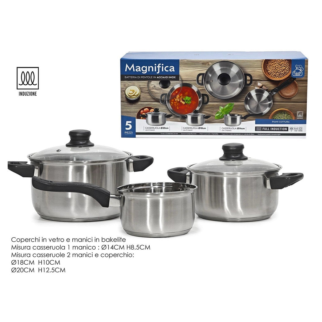 Batteria Di Pentole 5 Pezzi Cucina Magnifica In Acciaio Inox Con Fondo Full Induction