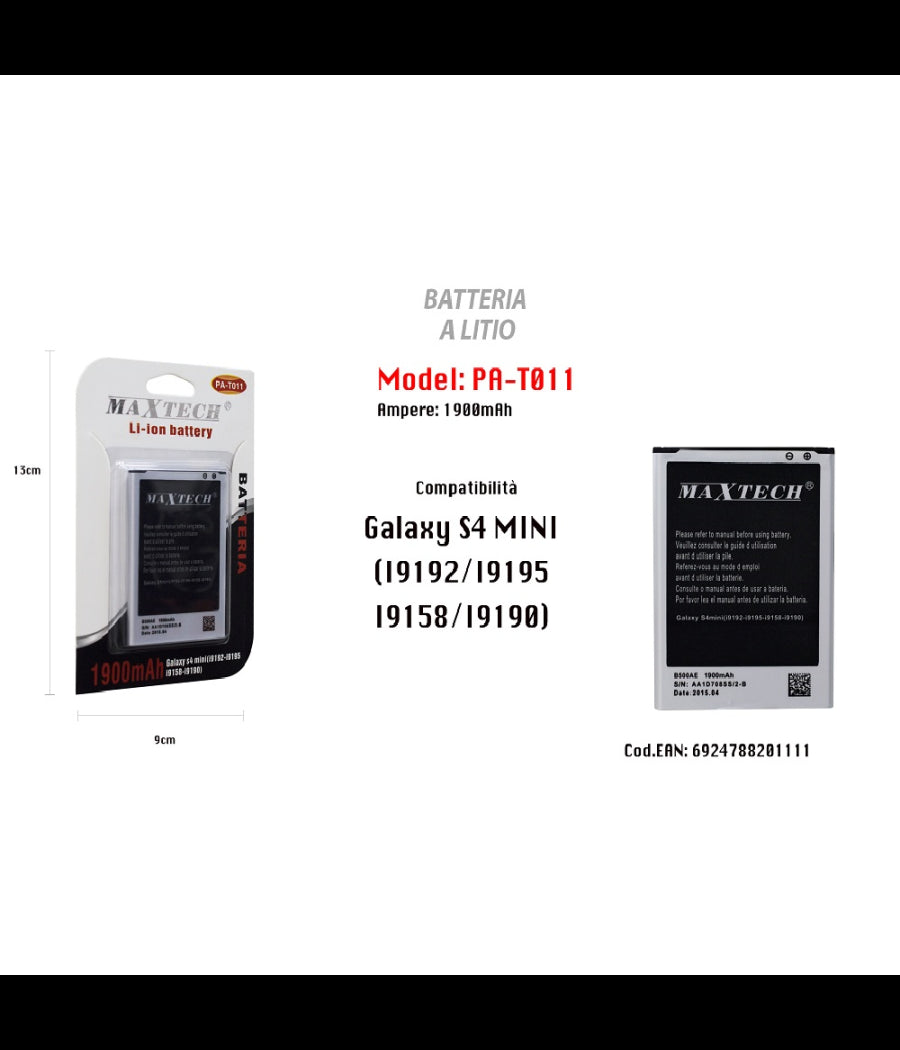 Batteria Galaxy S4 Mini A Litio Cellulare Smartphone Ricambio 1900mah Maxtech Pa-t011         