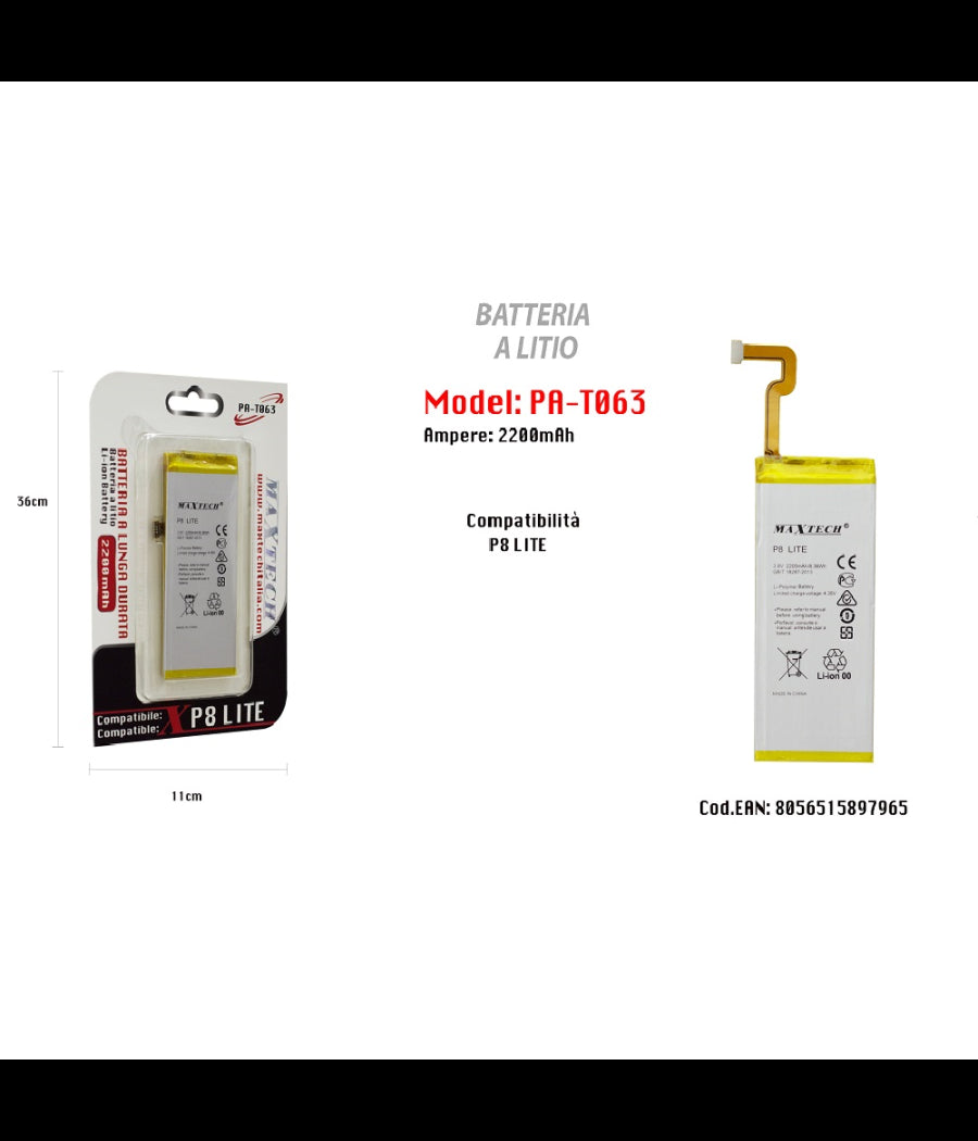 Batteria Litio Lunga Durata Compatibile Huawei P8 Lite Maxtech 2200mah Pa-t063         