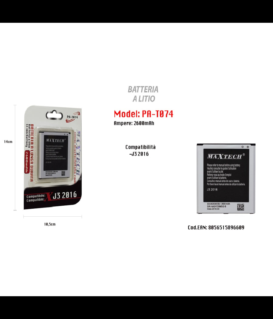 Batteria Litio Lunga Durata Compatibile Samsung J3 2016 Maxtech 2600mah Pa-t074         