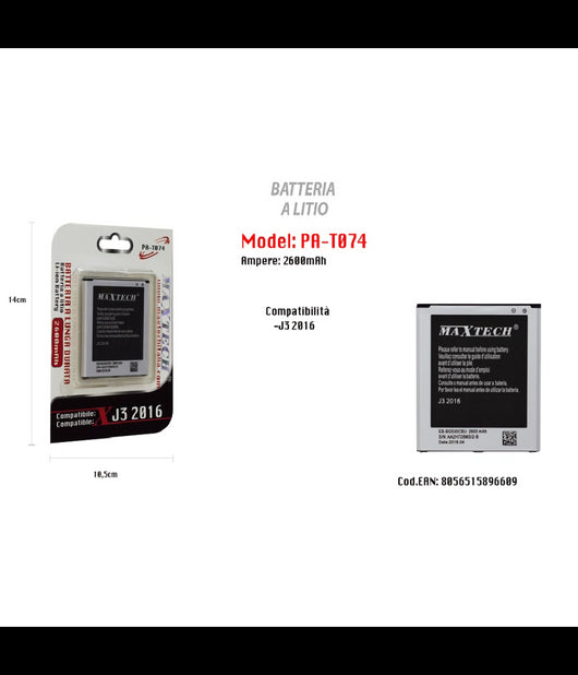 Batteria Litio Lunga Durata Compatibile Samsung J3 2016 Maxtech 2600mah Pa-t074         