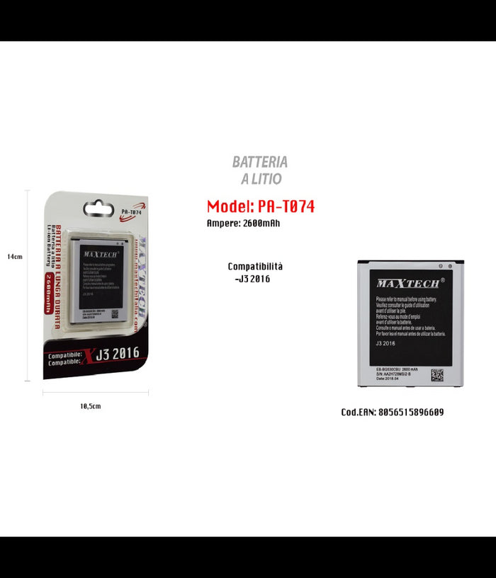 Batteria Litio Lunga Durata Compatibile Samsung J3 2016 Maxtech 2600mah Pa-t074         