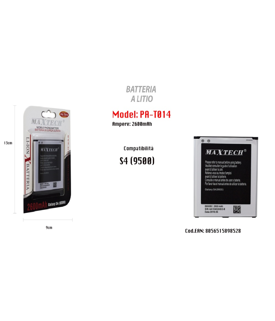 Batteria S4 9500 Ricambio Cellulare Smartphone A Litio 2600mah Maxtech Pa-t014         