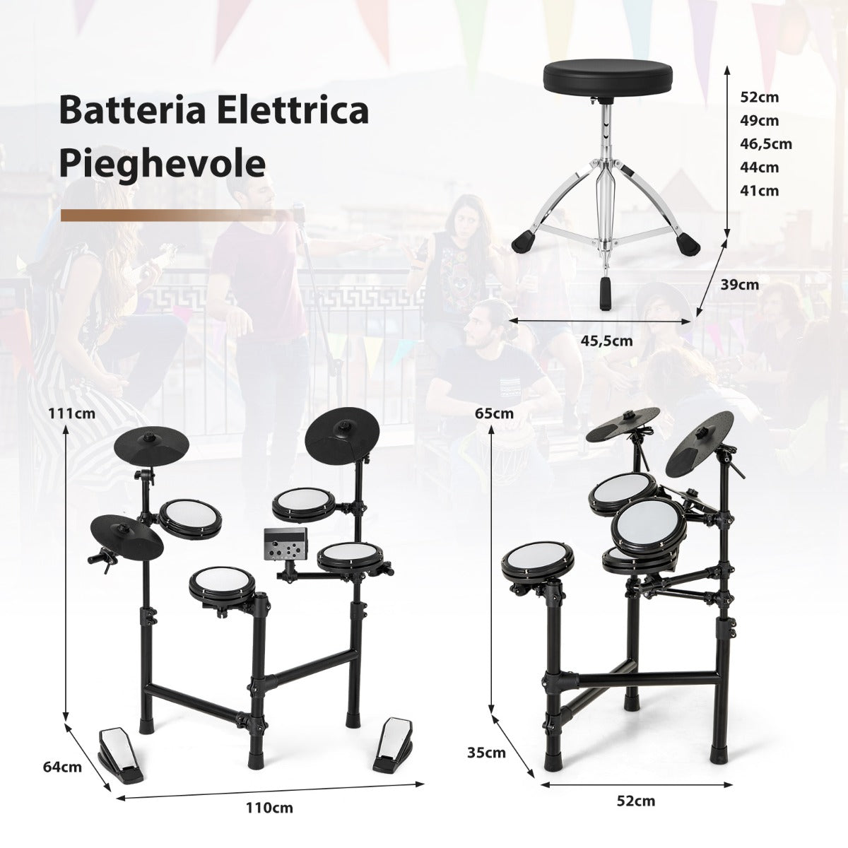 Batteria elettrica kit batteria pieghevole con tamburi a rete e piatti, Batteria elettrica con metronomo e mini usb Nero-Batterie elettriche