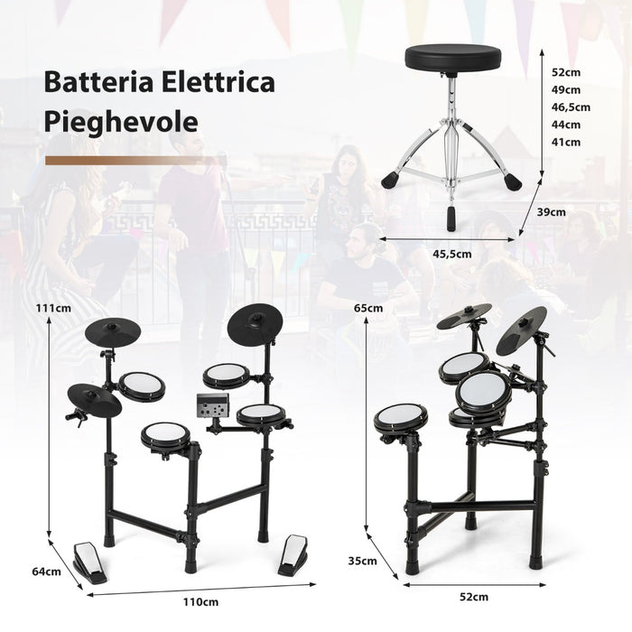 Batteria elettrica kit batteria pieghevole con tamburi a rete e piatti, Batteria elettrica con metronomo e mini usb Nero-Batterie elettriche