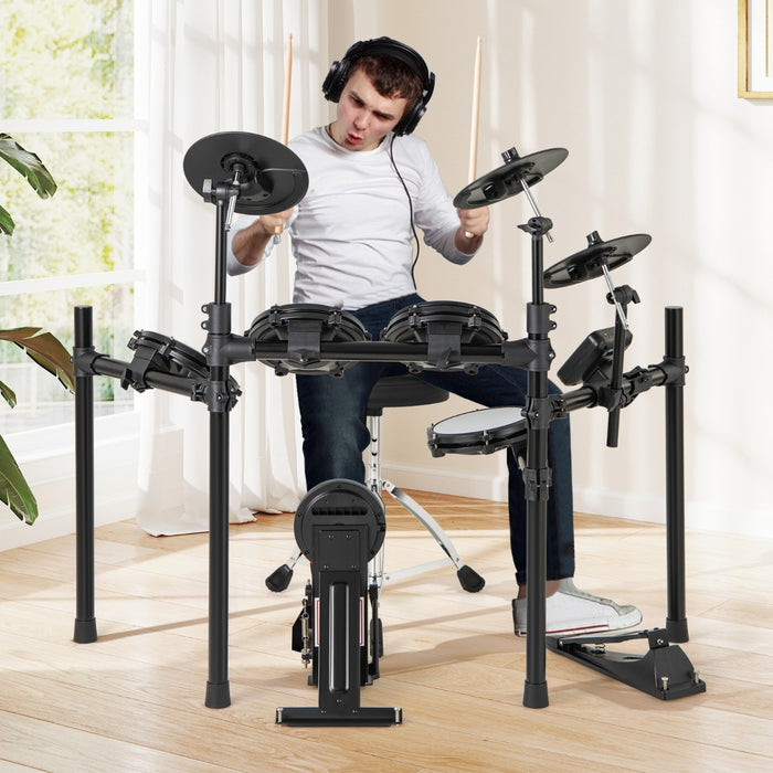 Batteria elettrica kit batteria pieghevole con tamburi a rete e piatti-Batteria elettrica con grancassa e 2 bacchette e 225 suoni Nero